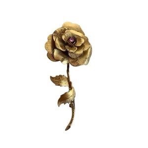 Vintage Vendome Gold Rose Brooch with Ruby Accent Gold Vermeil over Silver Rose
